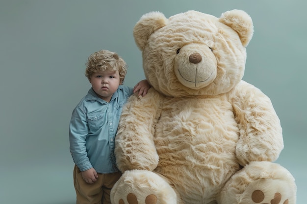 Rendering surréaliste d'un enfant sautant avec un jouet de peluche géant