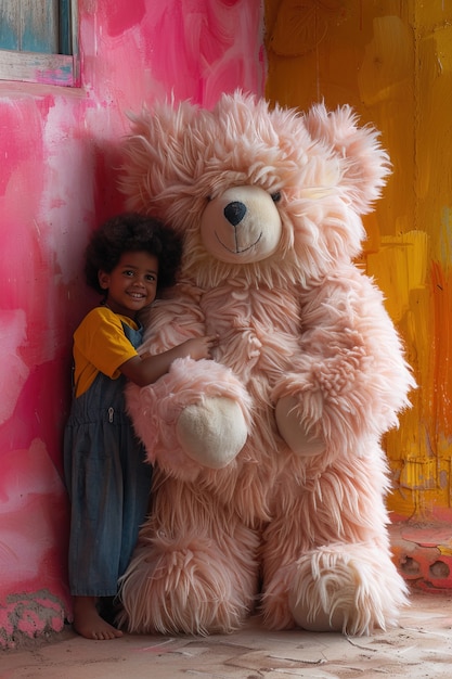 Photo gratuite rendering surréaliste d'un enfant sautant avec un jouet de peluche géant