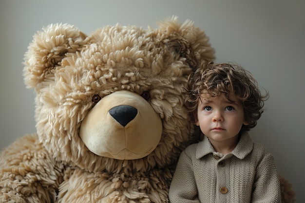 Photo gratuite rendering surréaliste d'un enfant sautant avec un jouet de peluche géant