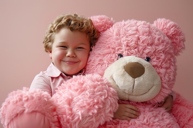 Photo gratuite rendering surréaliste d'un enfant sautant avec un jouet de peluche géant