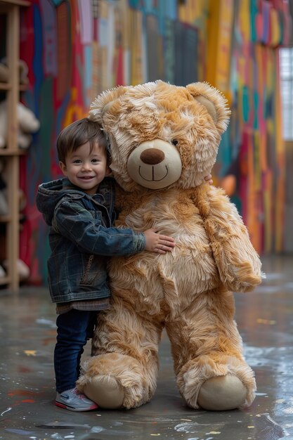 Rendering surréaliste d'un enfant sautant avec un jouet de peluche géant