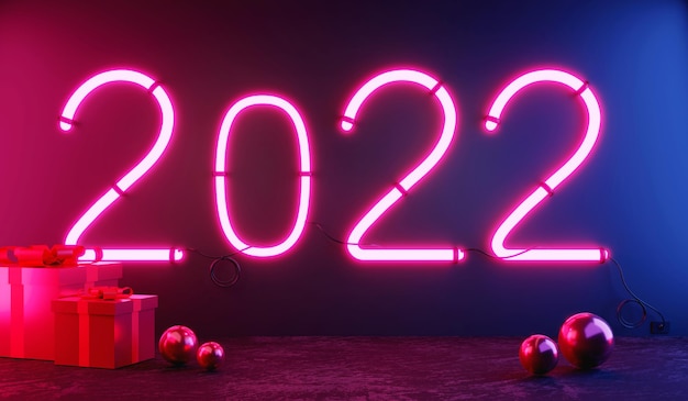 Rendu 3d 2022 néon rougeoyant dans une pièce sombre célébration du nouvel an fond sombre