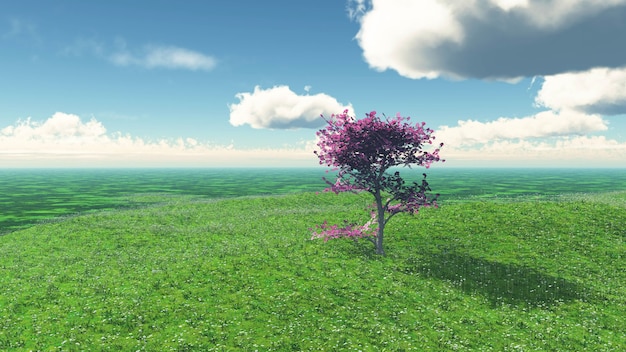 Rendu 3D d&#39;un arbre dans un paysage herbeux