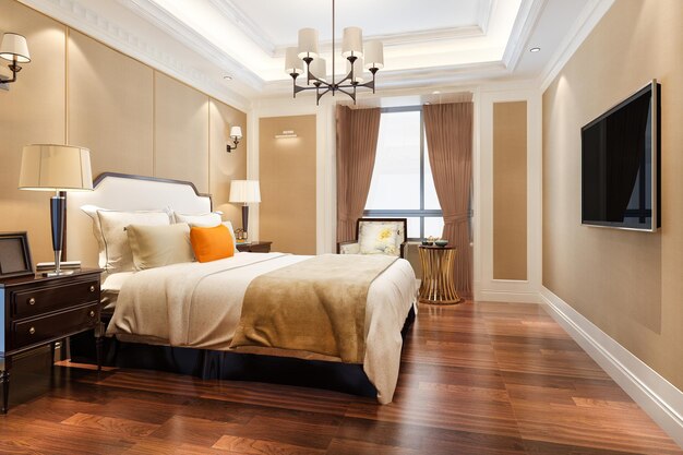 Rendu 3d belle suite de chambre de luxe contemporaine dans un hôtel avec télévision