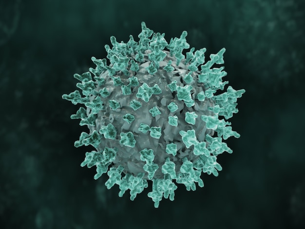 Rendu 3D d'une cellule microbienne de coronavirus bleu