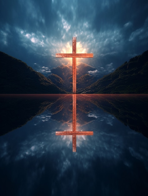 Rendu 3D de la croix au-dessus de l'eau