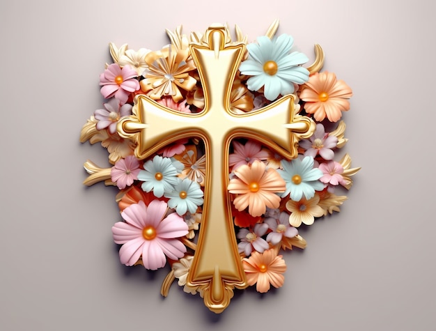 Rendu 3D de croix avec des fleurs