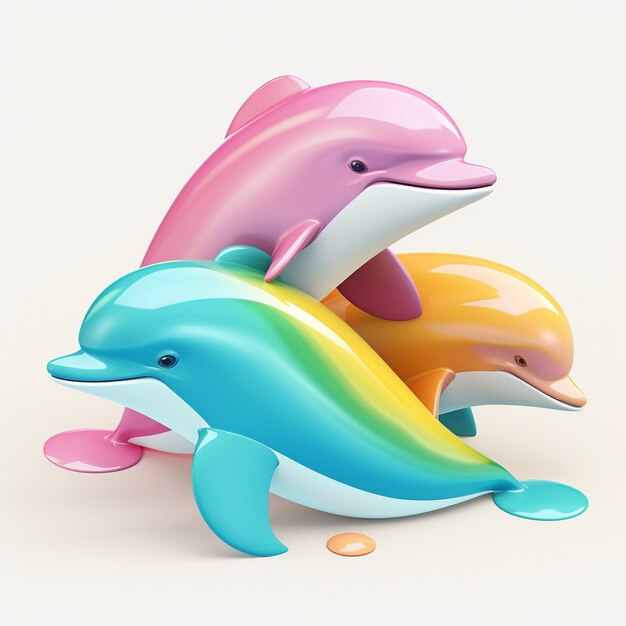 Un rendu 3D de dauphins colorés