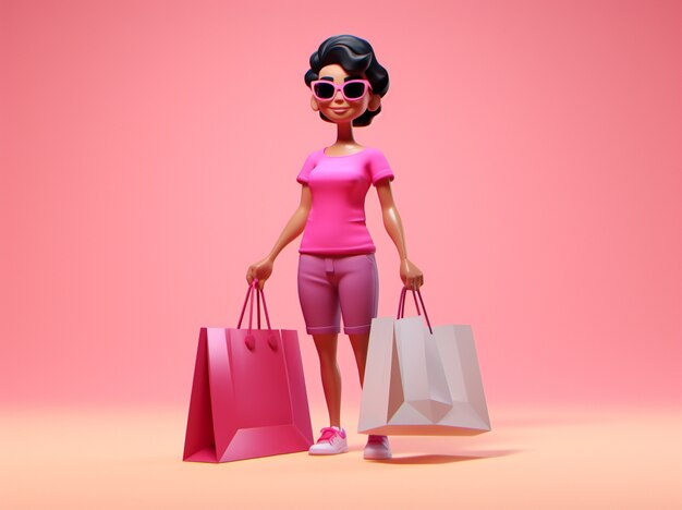 Rendu 3D d'un dessin animé comme une femme faisant du shopping