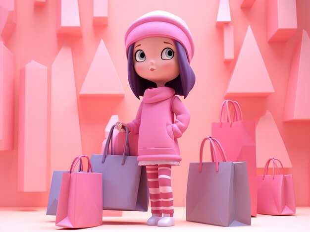 Rendu 3D d'un dessin animé comme une femme faisant du shopping