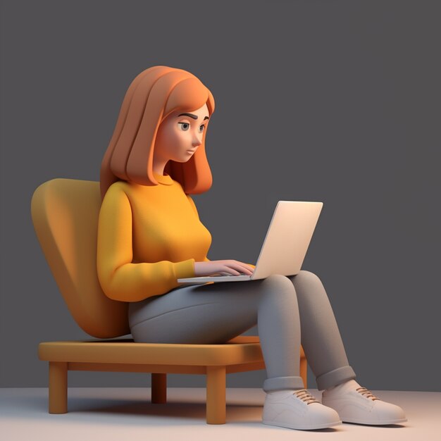 Rendu 3D d'un dessin animé comme une femme travaillant sur un ordinateur