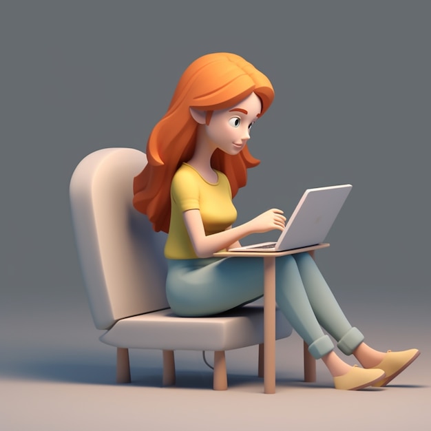 Rendu 3D d'un dessin animé comme une femme travaillant sur un ordinateur