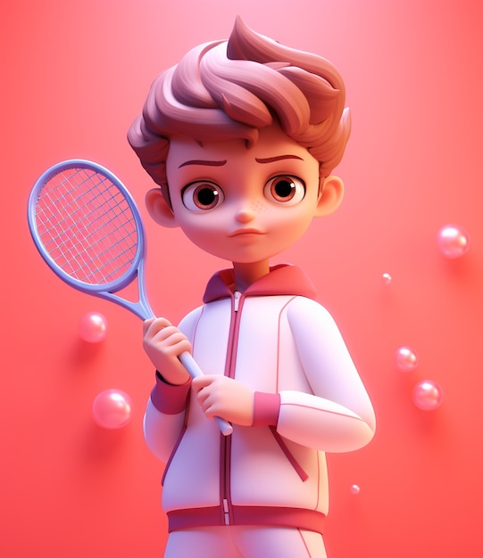 Photo gratuite rendu 3d d'un dessin animé comme un garçon jouant au tennis