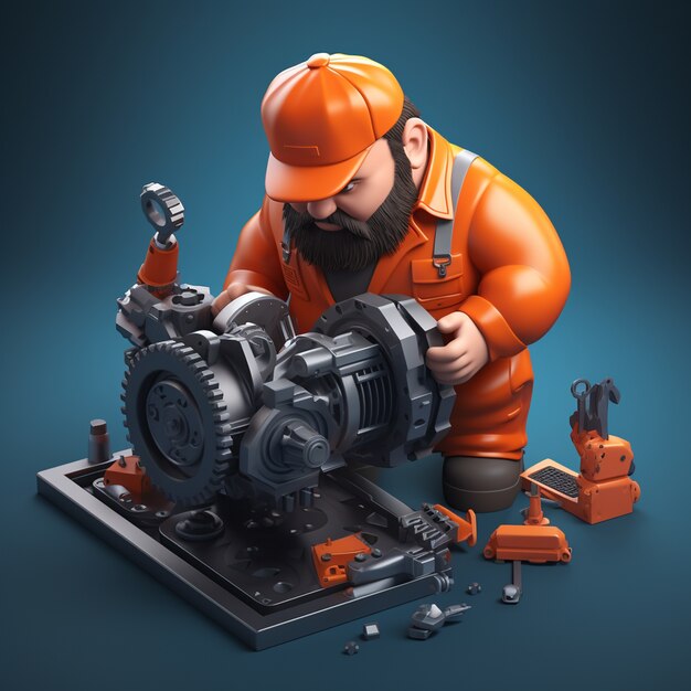Rendu 3D d'un dessin animé comme un homme travaillant sur un mécanisme