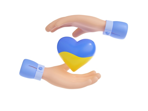 Rendu 3D de deux mains couvrant le coeur de l'Ukraine