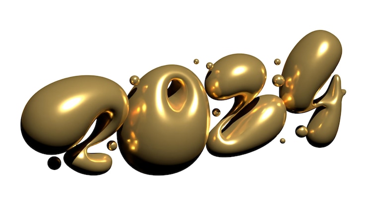 Photo gratuit le rendu 3d du numéro 2024 est un élément graphique d'or brillant à bulle réaliste.