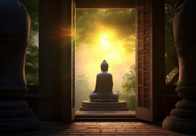 Photo gratuite rendu 3d du statut de bouddha au coucher du soleil