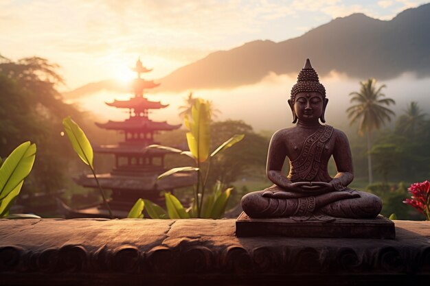 Rendu 3D du statut de Bouddha au coucher du soleil