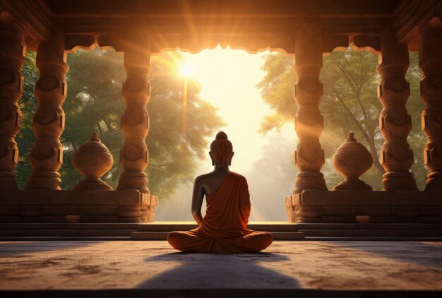 Rendu 3D du statut de Bouddha au coucher du soleil
