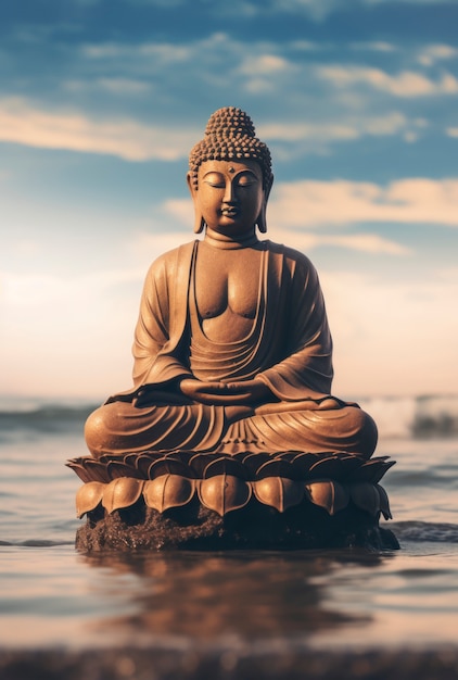 Photo gratuite rendu 3d du statut de bouddha sur le lac