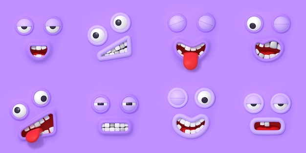 Rendu 3d face emoji yeux et bouches ensemble isolé
