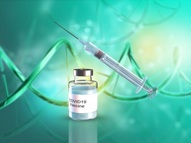 Rendu 3D d'un fond médical avec brin d'ADN et vaccin et seringue Covid 19