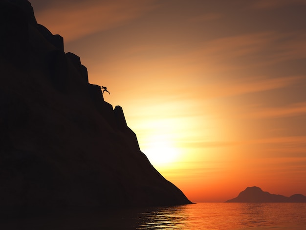 Rendu 3D d&#39;un grimpeur escalade une grande montagne contre un ciel coucher de soleil