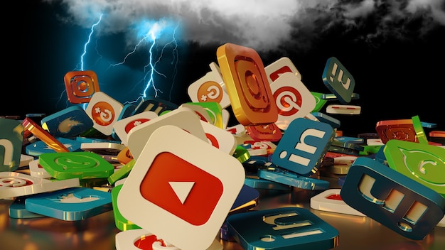 Rendu 3d d'icônes de médias sociaux tombant du nuage par la foudre