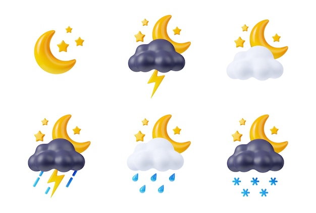 Rendu 3d icônes météo nocturne croissant et étoiles