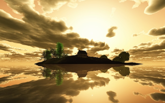 Rendu 3D île tranquille au coucher du soleil