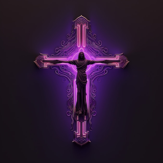 Photo gratuite rendu 3d de jésus sur une croix au néon