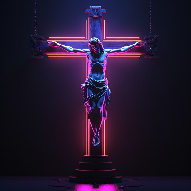 Rendu 3D de Jésus sur une croix au néon