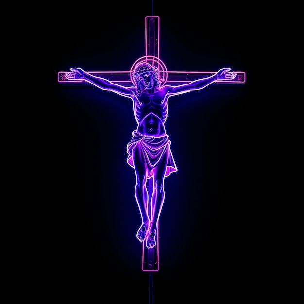 Photo gratuite rendu 3d de jésus sur une croix au néon