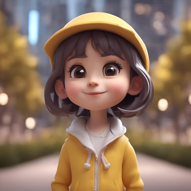 Photo gratuite rendu 3d d'une jolie petite fille dans une veste jaune et une casquette jaune