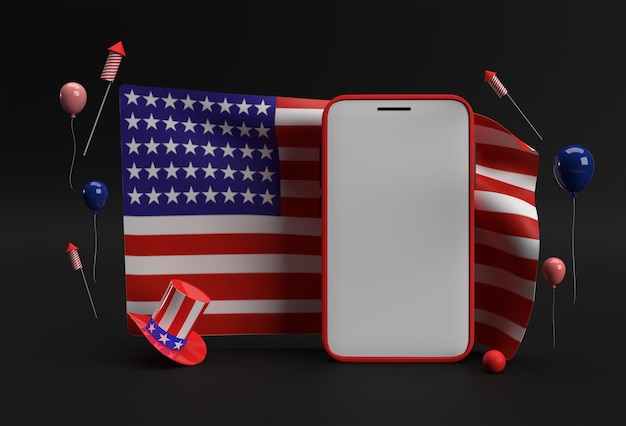 Rendu 3D Joyeux 4 juillet Fête de l'indépendance des États-Unis et maquette du smartphone Drapeau américain
