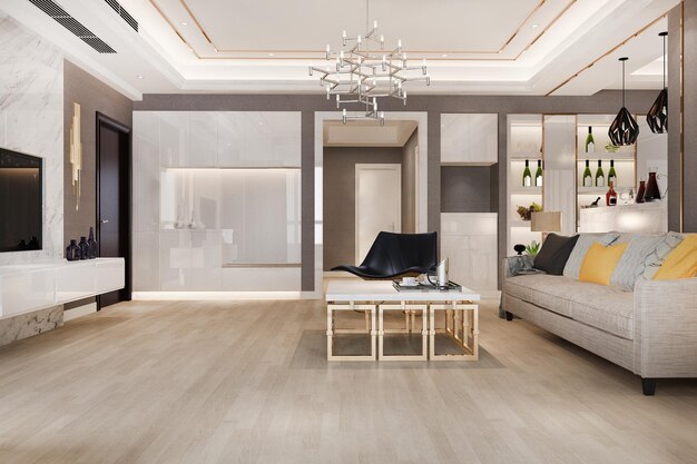 Rendu 3d luxe et salon moderne avec canapé en cuir et lampe