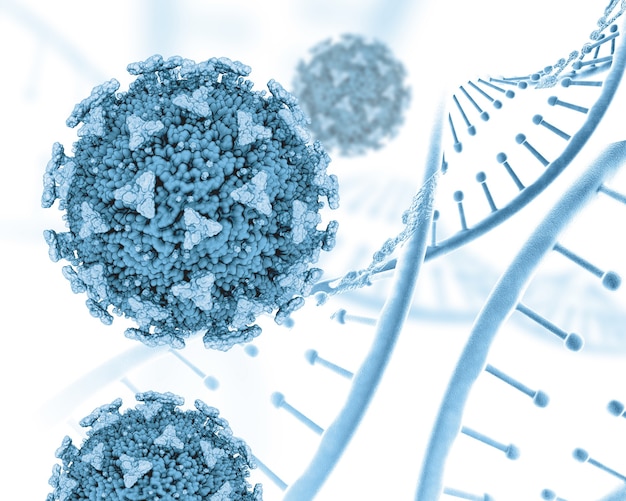 Rendu 3D d'un médical avec des brins d'ADN et des cellules Covid 19