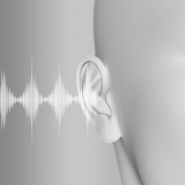 Photo gratuite rendu 3d d'un médical avec gros plan de l'oreille et des ondes sonores