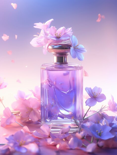 Rendu 3D de parfum avec des fleurs