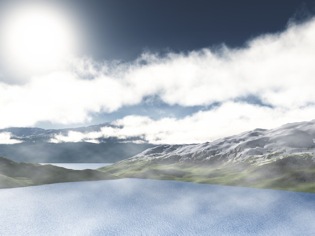 Rendu 3D d'un paysage de montagne et de lac avec des nuages bas