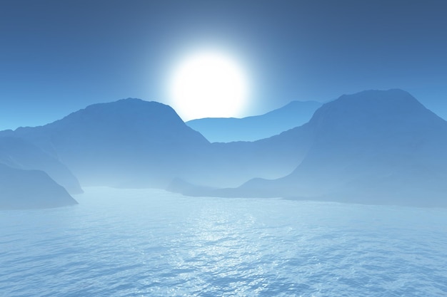 Rendu 3D d'un paysage de montagne avec océan
