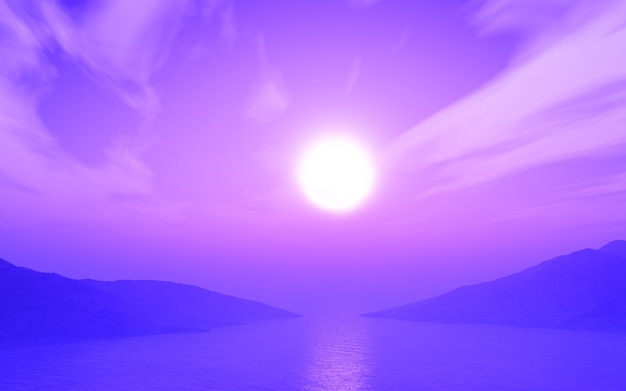 Rendu 3D d'un paysage de l'océan au coucher du soleil avec une teinte violette