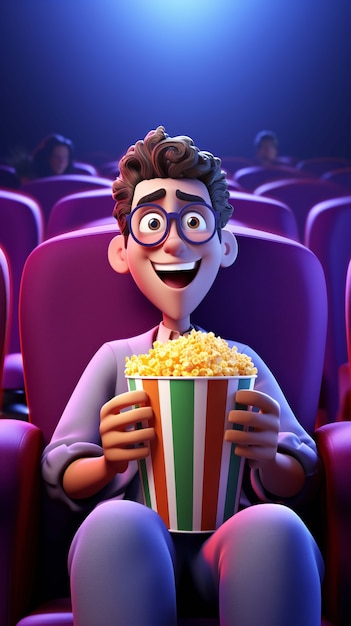 Rendu 3D d'une personne regardant un film avec du pop-corn