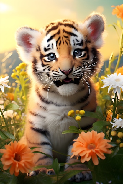 Photo gratuite rendu 3d d'un petit tigre