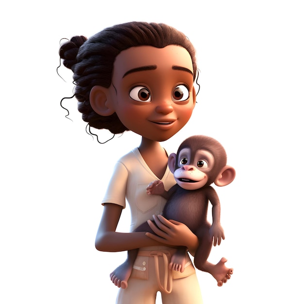 Photo gratuite rendu 3d d'une petite fille avec singe isolé sur fond blanc