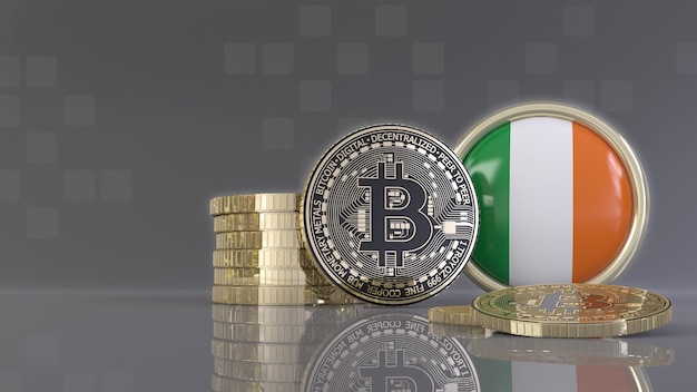 Rendu 3d de quelques bitcoins métalliques devant un badge avec le drapeau irlandais