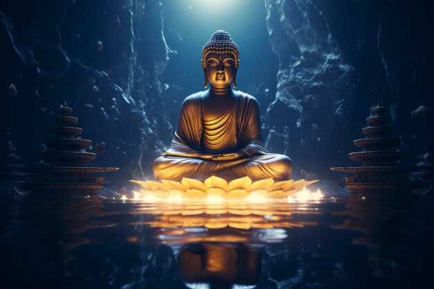 Rendu 3D de la statue de Bouddha et des bougies