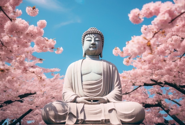 Photo gratuite rendu 3d d'une statue de bouddha entourée de fleurs