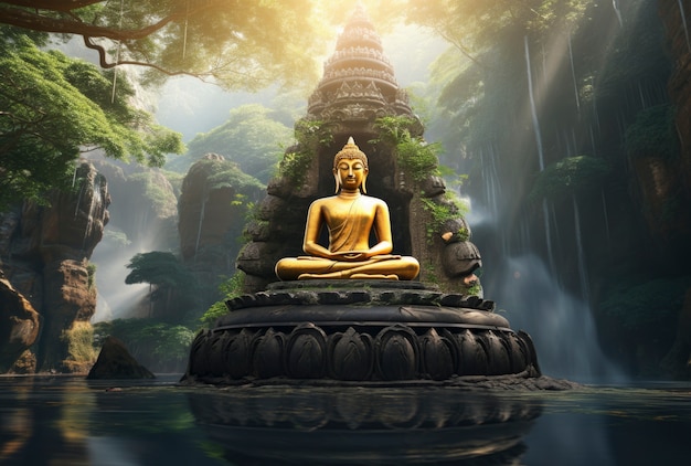Rendu 3D de la statue de Bouddha sur le lac