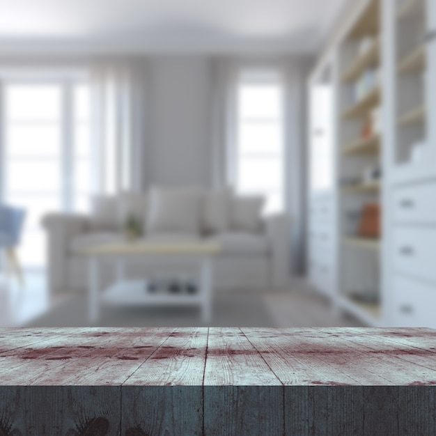 Photo gratuite rendu 3d d'une table en bois donnant sur un intérieur de salon défocalisé